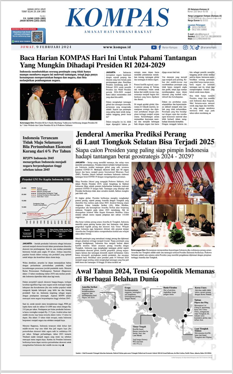 Membaca Kompas hari ini membuat kita makin yakin bahwa dunia tidak sedang baik2 saja dan Indonesia memerlukan ahli strategi dan militer yang memahami Geopolitik yang harus memimpin negeri ini. Jadi ini memang waktunya pak Prabowo untuk menjadi presiden kita. #Salam02Aklamasi!