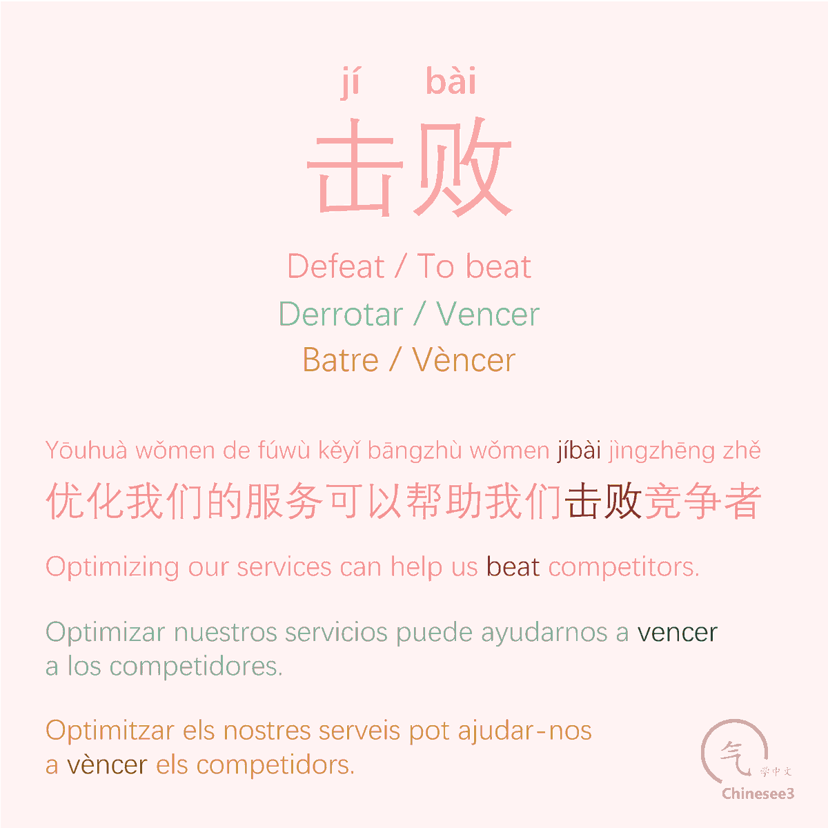 OlgaQuibus's tweet photo. 击败
Jíbài
- Defeat / To beat
- Derrotar / Vencer
- Batre / Vèncer

Chinesee3 🥢 https://t.co/ghc15cCJyr