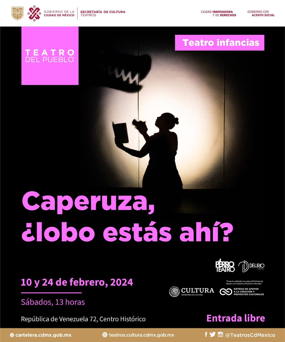 La <a href="/CulturaCiudadMx/">Secretaría de Cultura de la Ciudad de México</a> y el Teatro del Pueblo te invitan este sábado 11 de febrero a la presentación de la obra "Caperuza, ¿Lobo estás ahí?" En punto de las 13 horas.

"Allá nos vemos"

Entrada gratuita 
<a href="/TeatrosCdMexico/">Teatros Ciudad de México</a> #Teatro
