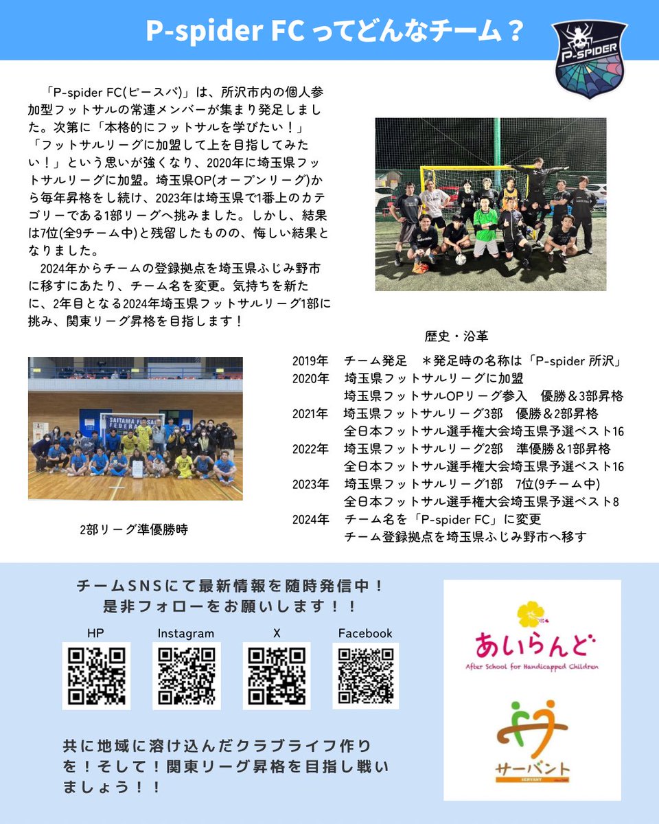 Pspider2's tweet photo. 新体制も決まりチーム名を新たにしたP-spider FCは、2024-2025年シーズンを一緒に戦っていただけるスポンサー様を募集しています！
一緒に関東リーグを目指しましょう！！
#P_spider #ピースパ #フットサル #埼玉県フットサルリーグ1部 #目標 #関東リーグ昇格 #スポンサー #スポンサー募集 https://t.co/lNYM6dahxw