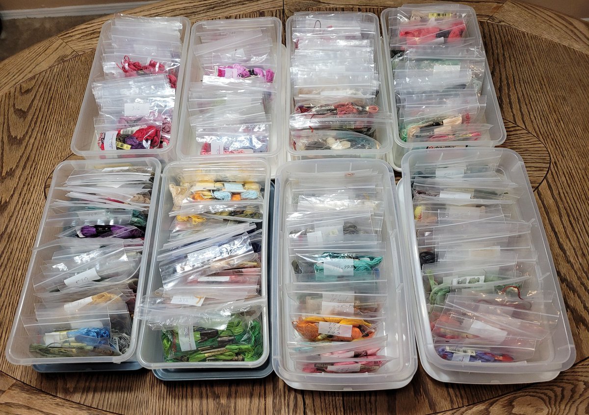 SeeingTwo's tweet image. #FridayNightFind I found the biggest cross stitch haul ever. At a quick glance, there's about 30 floss bags in each tub. A low estimate is 240 skeins as there's bags with multiple skeins. It was $40.00 on Craigslist from a 3rd generation stitcher.