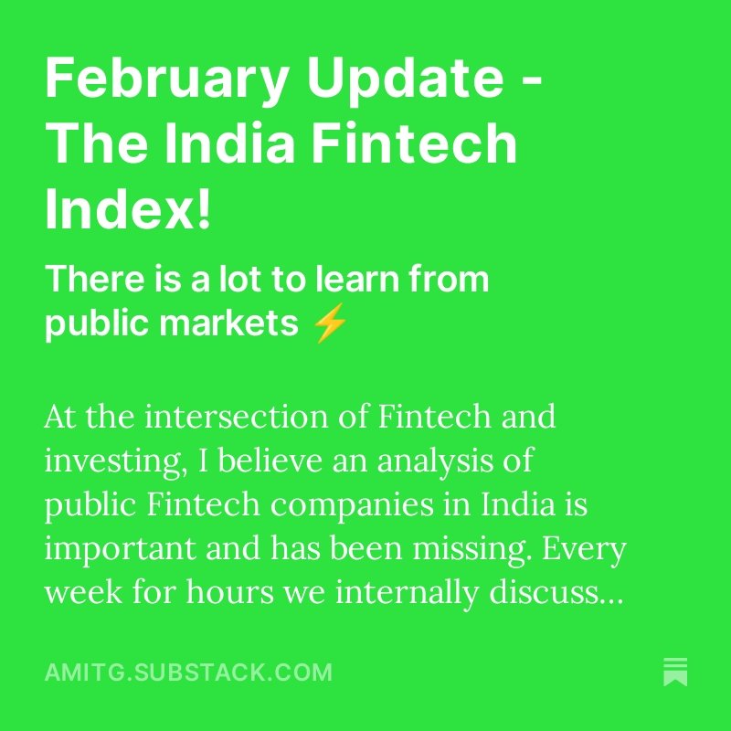 agentic_ai's tweet photo. Feb #FintechIndex Update: Despite the Paytm saga, 15 listed Indian Fintech cos in our index saw positive growth in their stock prices collectively, with market cap up from $18.2B to $19.3B in a month!
๐ Big movers: Infibeam, NPST, Zaggle, Protean, & Kfin. Policybazaar & Intellect D also showed decent growth.
๐ B2B & Financial services infrastructure gaining momentum.
Full analysis https://t.co/WMxxeWRA5q
