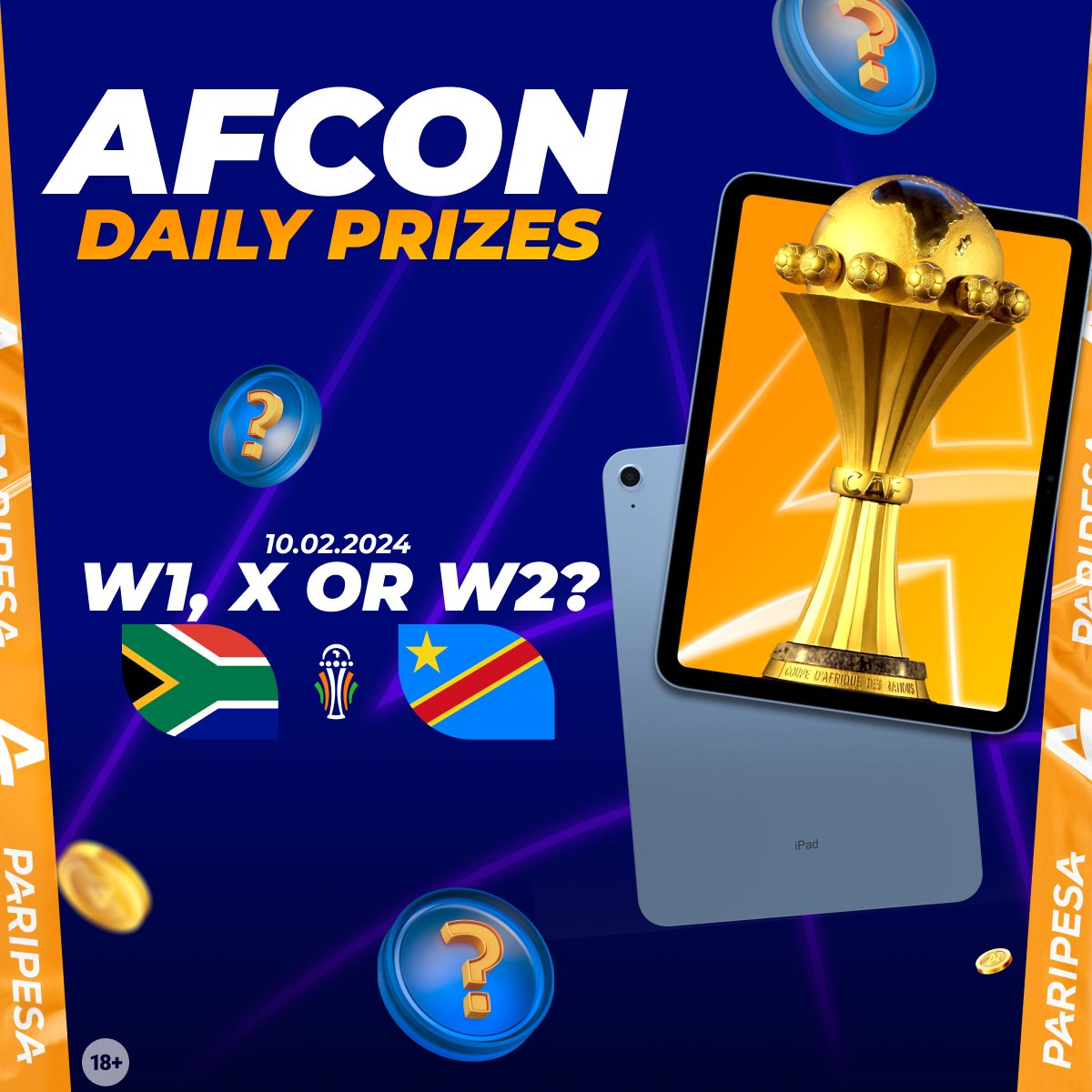 paripesa's tweet photo. 🌟 AFCON daily prizes from Paripesa! 
Chance to win #Ipad 10th Gen!

W1, X or W2?
🇿🇦🇨🇩

👇 Rules:
✅ FOLLOW, Like & retweet this post
✅ Write Paripesa ID
👉https://t.co/3XWOpMQFJ1
⚽️ PREDICT RESULT
⚠️ Example: ID 12345678. W1

#AFCON2023
#TotalEnergiesAFCON2023 
#SouthAfrica #DRCongo