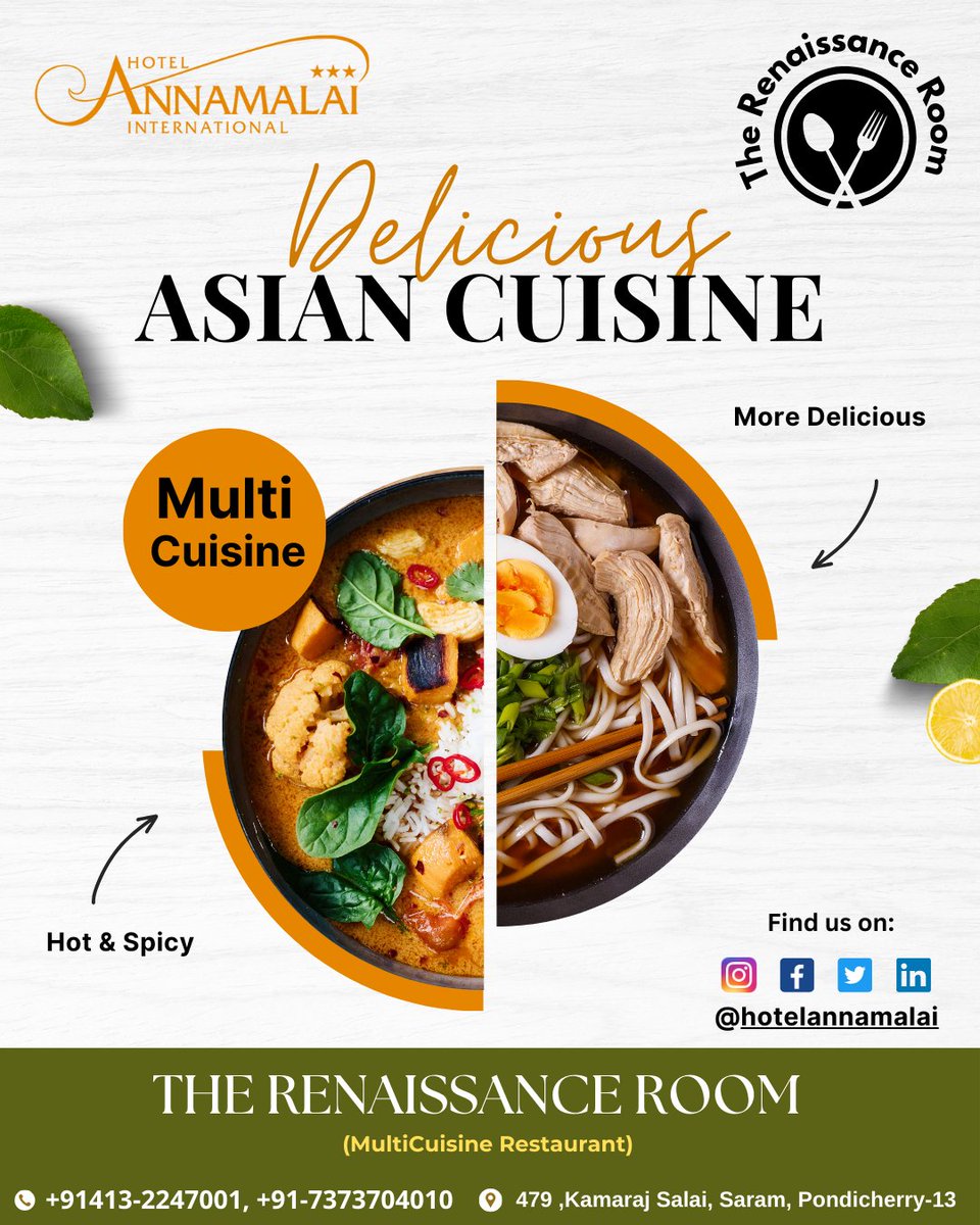 Enjoy the delicious Asian Cuisine at The Renaissance Room...

 #HotelannamalaiInternational #restaurant #TheRenaissancerooms #food #foodporn #foodlover #delicious #Breakfast #weekendvibe #breakfasttime #hotel #pondicherryfood #traditionalcuisine #lunch #Southindiancuisine