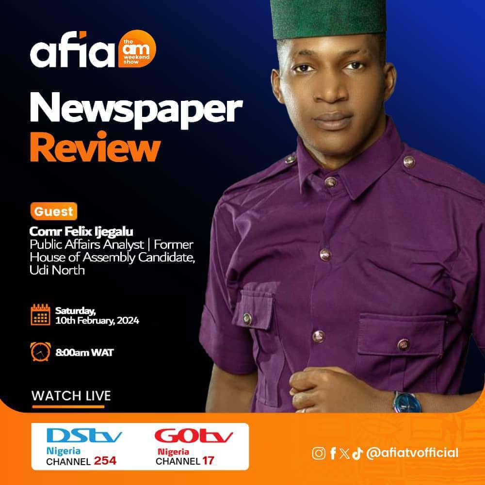 AfiaTvOfficial's tweet photo. Ndi Afia!!! Happy Weekend
Tune in to the AM WEEKEND SHOW this morning at 8am.
Don't miss the conversation and stay tuned to Afia.
#AfiaTV #AMShow #AMWeekendShow #Enugu #CoalCity #Dstv254 #GoTV17 https://t.co/RQ3fISNHSF