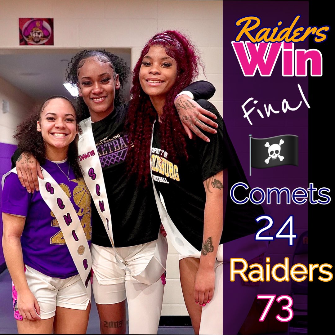Lady Raiders win big on SENIOR night! 

🟨 Daniya McDonald 28
🟪 Taelynn Clayborn 18
🟨 Aubree Price 14
🟪 Simone Holifield 6
🟨 Deyona Carter 5
🟪 Sa’Mahn Johnson 2

🏴‍☠️ RaiderUp 🏴‍☠️