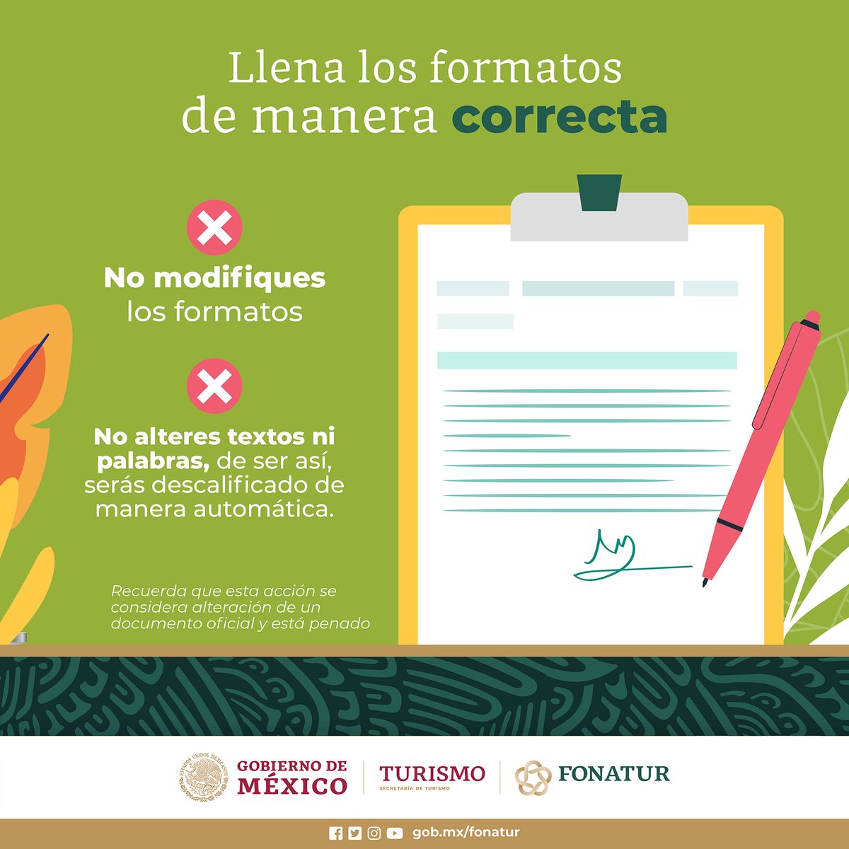 FonaturMX's tweet photo. Los formatos son importantes para hacer válida tu participación en la primera #LicitaciónPúblicaFonatur de 2024.
No alteres el contenido para que tu Pre-registro sea exitoso.
Contacto: 55 5090 4200 ext. 4287
informacionventas@fonatur.gob.mx
#InversiónyTurismoConDimensiónSocial https://t.co/8BpCaII6O0