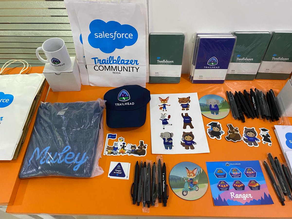 All set for event Come and get these amazing goodies 😍🎊🎉 Group leaders: @prakashsahu83 @justajeetsingh @himanshudang92 #beatrailblazer #TrailblazerCommunity #Salesforce #trailhead