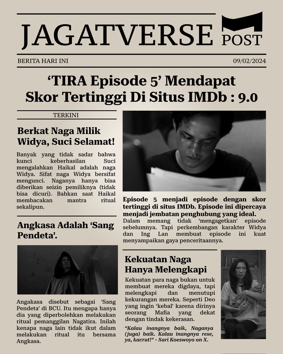 Berita hari ini pak ibu.  Ada poin-poin yang kami ulas untuk menjawab pertanyaan dari para penonton serial #TIRABCU.

Ketimbang final episode, skor tertinggi jatuh pada episode 5. Memuaskan sekali memang!

What do you thing, mate?