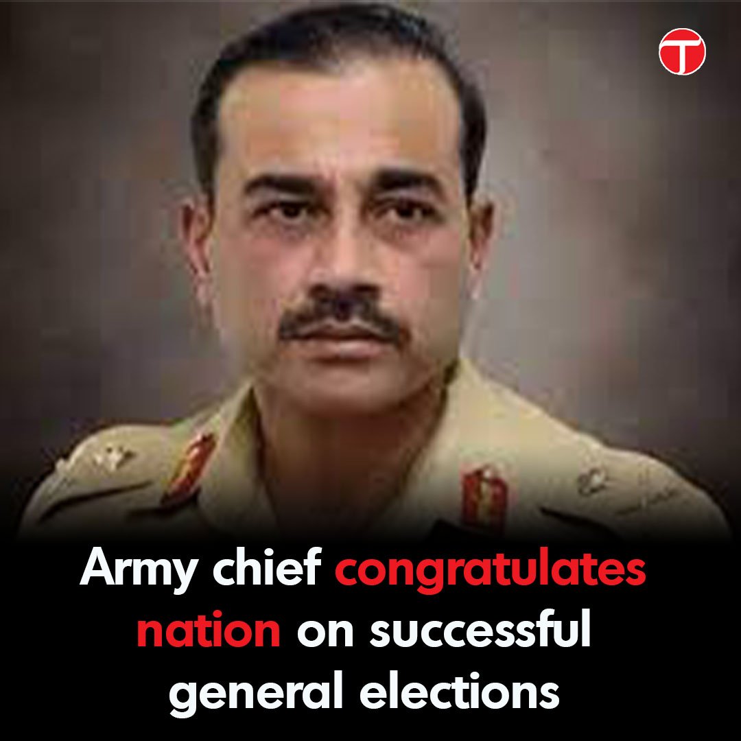 etribune's tweet photo. Chief of the Army Staff General Asim Munir congratulated the nation on the successful conduct of general elections, said the Inter-Services Public Relations (ISPR).

The military's media wing added that the COAS has also congratulated the interim setup, the ECP, the political parties of Pakistan and all successful candidates.

For more: https://t.co/0ReVra2rLz

#etribune #News #latest #Elections2024 #Pakistan