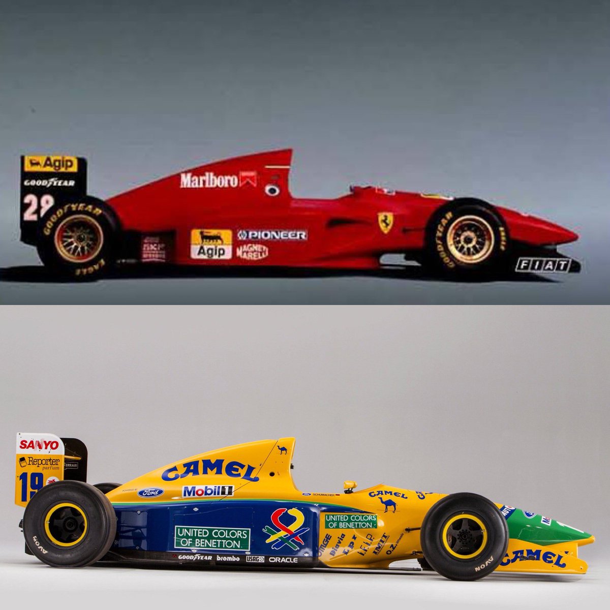1low_so's tweet photo. Benetton B191/B191B(1991-1992)
Ferrari 412T1(1994)
シルエットが酷似する同じデザイナーの作品。
癖が強く、改良されていったのも酷似😂
#JohnBarnard #Ferrari412T1
#BenettonB191B https://t.co/TCLTL73CFa