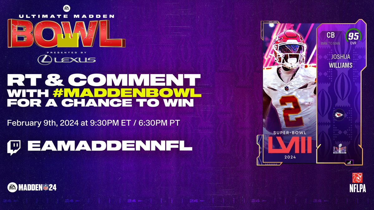 looch412's tweet image. It's Ultimate #MaddenBowl Championship Day between @Henry773_ and @WesleyyG 🏆
One follower who guesses correctly will be chosen to win this 95 overall Joshua Williams 🔥 

Live at 9:30PM ET: twitch.tv/eamaddennfl #SponsoredByEA