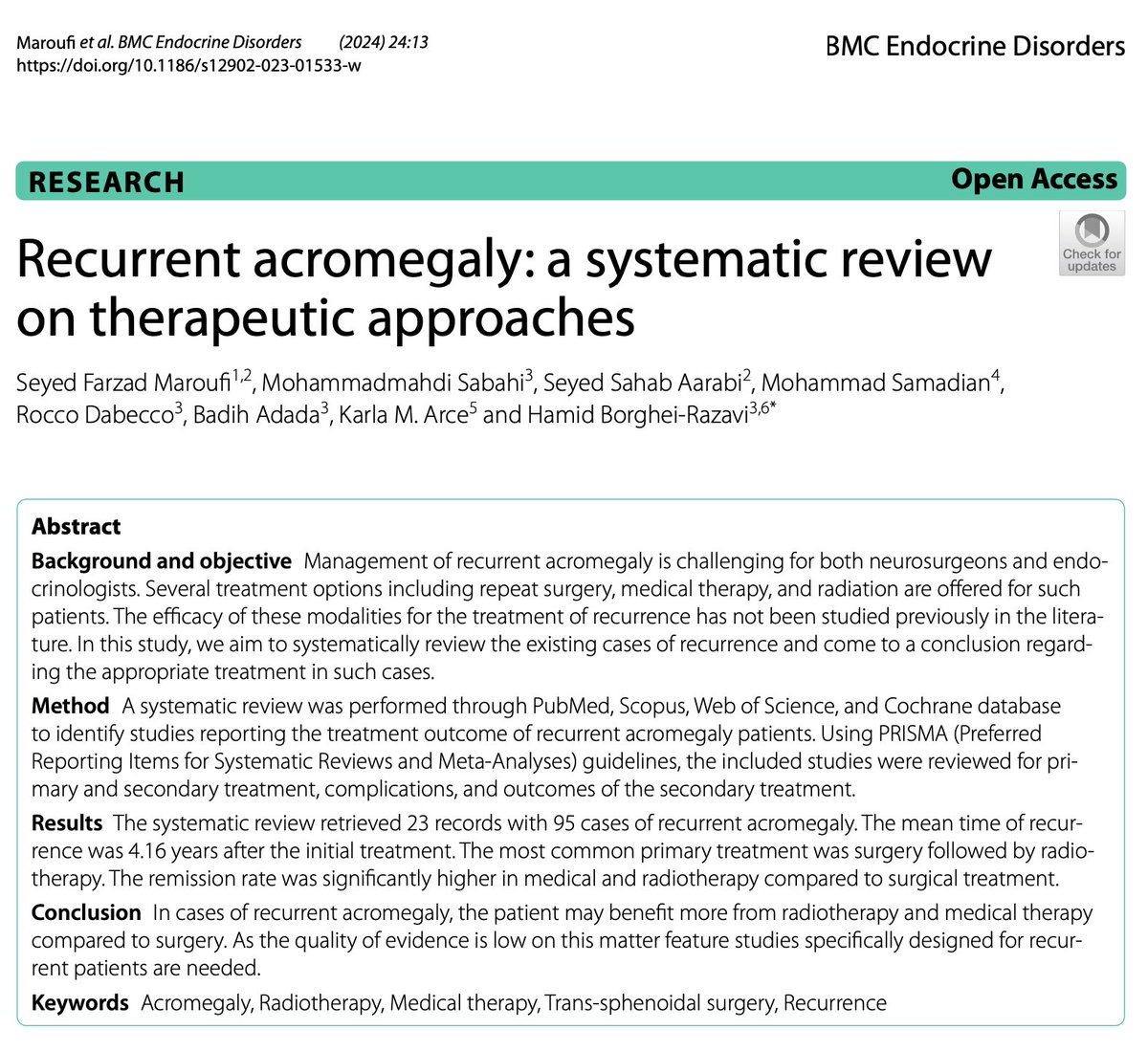 Solid work on therapeutic management of acromegaly published at @BioMedCentral. Proud of our dedicated team members who contributed to this publication @DrBadihAdada @BorgheiRazaviMD @m_m_sbh #Karla_Arce #Rocco_Dabecco @CleveClinicFL 🔗 bmcendocrdisord.biomedcentral.com/articles/10.11…