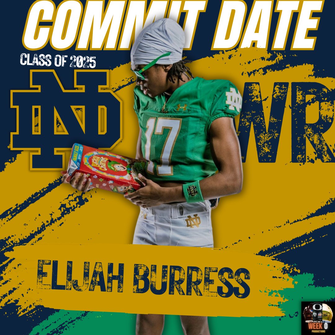 Fravel_Ryan's tweet photo. BREAKING: Class Of 2025 WR Elijah Burress has announced via his Instagram Story today that he will be announcing his Commitment tomorrow!👀☘️

Elijah is the Son of Former Giants & Steelers WR Plaxico Burress.  Notre Dame seems to be the favorite here as of right now.  

Could we see Jerome Bettis Jr. & Elijah Burress team up in South Bend like their fathers once did in Pittsburgh?👀