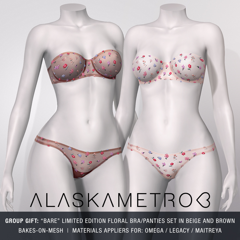 alaskametro's tweet photo. New group gift! "Bare" sheer strapless bra and thong panty set with limited edition floral overlay. To receive this gift, visit the main store, join the in-world group (alaskametro<3 loves), and pick it up from the Group Gifts area in front. Enjoy and happy Valentines! https://t.co/71s4llM5EU