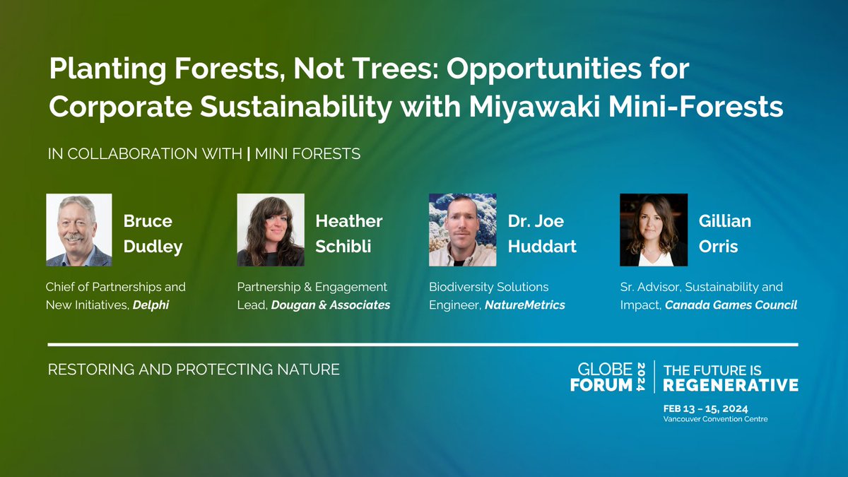 GLOBE_Series's tweet photo. Miyawaki #MiniForests are emerging in 🇨🇦 as a means to engage employees & community groups while building back nature. Join us at #GLOBEforum to explore why urban #reforestation matters & how the private sector is undertaking efforts to leverage the opportunity with leaders from @Delphi_Group @NatureMetrics @CanadaGames Council & more: https://t.co/nvYYlBmzG2 #NatureBasedSolutions  #biodiversity