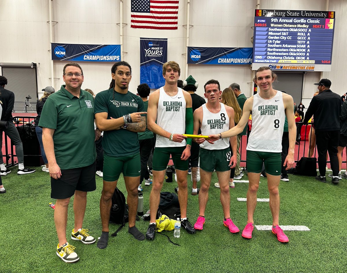 Sean Dixon, Emmett Murphy, Maxamillian Wheeler, Carson Kardokus broke the OBU indoor Distance Medley Relay record with a time of 9:52.10 at Pitt State!

The previous record of 9:56.52 was set by Jory Custar, Justin Frye, Cody Camacho, and Adam Godwin in 2012.  

#OnToVictory