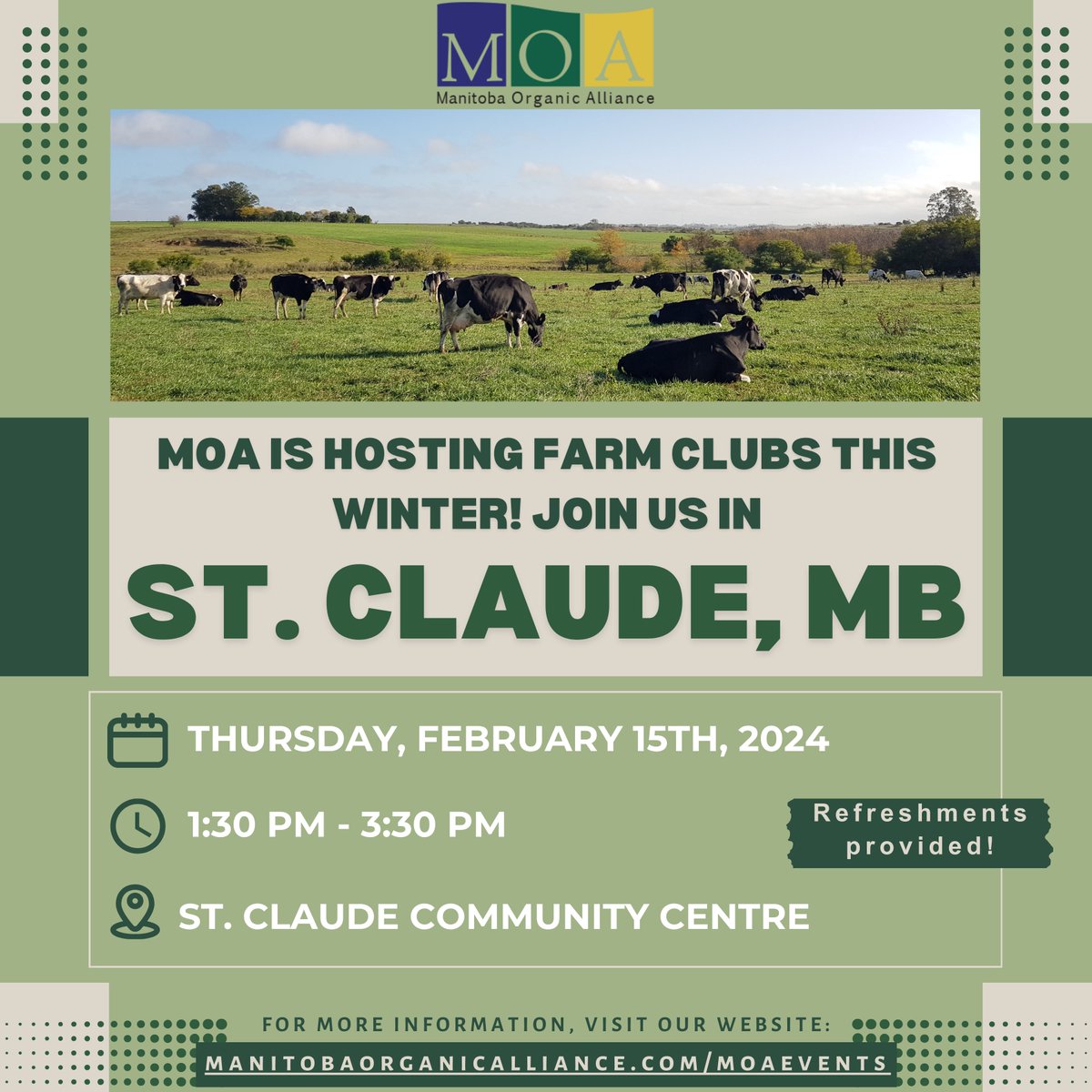 ManitobaOrganic's tweet photo. Join us at our upcoming Farm Club meeting in St. Claude! Please note that this is replacing the Carman location.
Share your insights, and help shape our  sessions. Open to organic farmers and anyone interested in sustainable practices!
#FarmClub #Sustainability #OrganicFarming https://t.co/0BAuESPZuQ