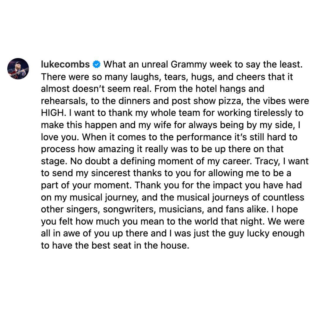 tchapmanonline's tweet image. The kindest words from @lukecombs : « What an unreal Grammy week to say the least. There were so many laughs, tears, hugs, and cheers that it almost doesn’t seem real (…) When it comes to the performance it’s still hard to process how amazing it really was to be up there on that…