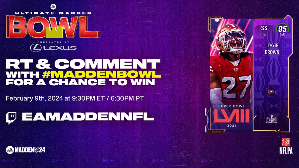 I am will going live around 9:30pm ET tonight for the Ultimate #MaddenBowl 

Make sure to RT and Comment with #MaddenBowl for a chance to win this Ji'Ayir Brown Super Bowl item.

Oh and I'll have a few giveaways on my stream starting at 9:30pm ET as well.
