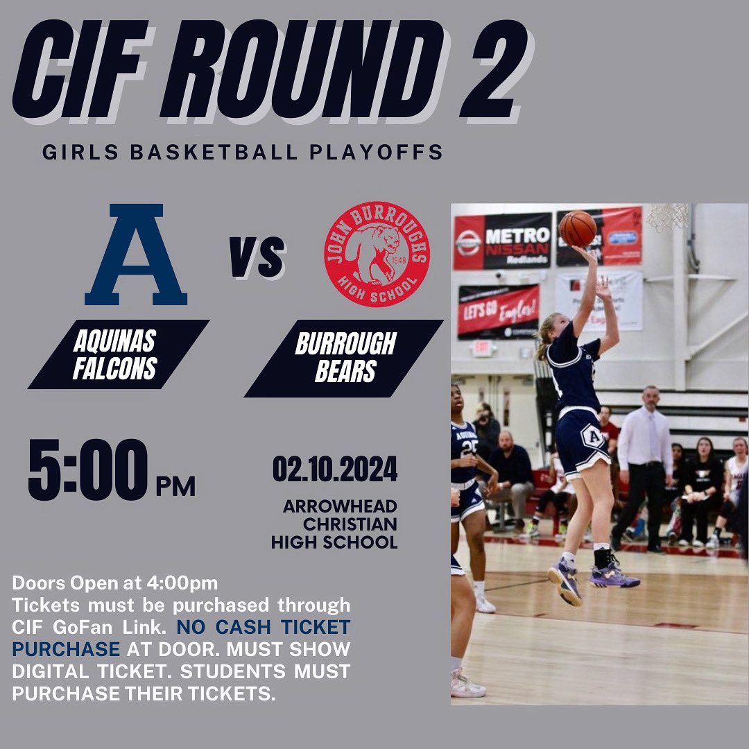 🚨ROUND 2🚨 

Our Girls Varsity Basketball team is back to work tomorrow against Burroughs HS at ACA! Tip off is at 5:00pm! GoFan Ticket Link ⬇️⬇️

GoFan—&gt; gofan.co/app/school/CA7…