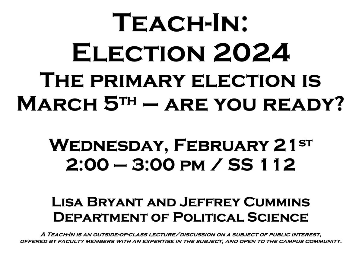 You received your ballot, now what? Join Dr. Bryant and Dr. Cummins for a discussion about the upcoming primary election. Wednesday, Feb 21 - 2:00 pm in Social Science 112. @FSSocSciences @Fresno_State