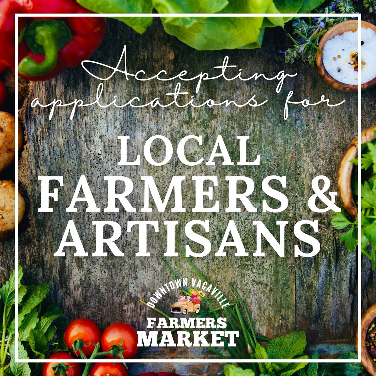 Downtown Vacaville is currently accepting applications for the 2024 Farmers Market!

Local farmers, artisans, winemakers, brewers or acoustic musicians are welcome to apply.

Apply today at
eventeny.com/events/2024-do…