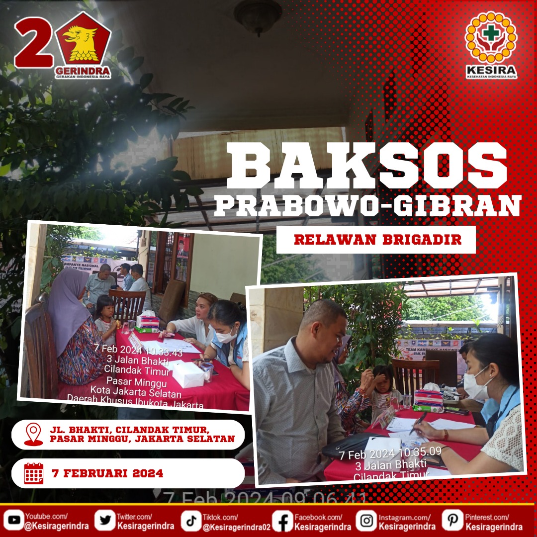 BAKSOS PEMERIKSAAN KESEHATAN GRATIS PRABOWO GIBRAN PASAR MINGGU JAKARTA SELATAN

Prabowo Gibran, Sehatkan Indonesia Raya.

#kesira #kesiragerindra #gerindrakesira #kesehatanindonesiaraya #kesiraindonesia #kesirapeduliindonesia #kesirapeduli #RelawanBrigadir