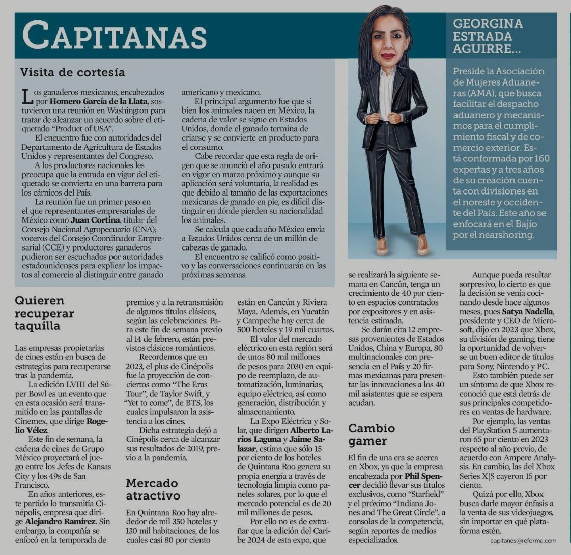 GinaEAguirre's tweet photo. Muy agradecida con @reformanegocios por la publicación del día de hoy 09 de febrero de 2024, en su sección #capitanas. Cada vez más la #inclusión de la #mujer en los temas de #aduanas y de #comercioexterior impactan en los negocios comerciales. #nearshoring #mujeresaduaneras https://t.co/V7yRjgNSkj