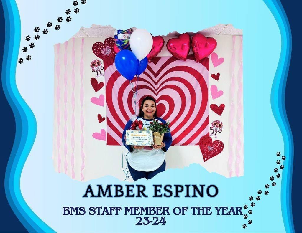 bmsdobies's tweet photo. Introducing our 23-24 BMS Staff Member of the Year, Amber Espino &amp; our 23-24 BMS Teacher of the Year, Misael Martinez. Congratulations, your hard-work and dedication to our students shines through all that you do. https://t.co/tvwodyoXGU