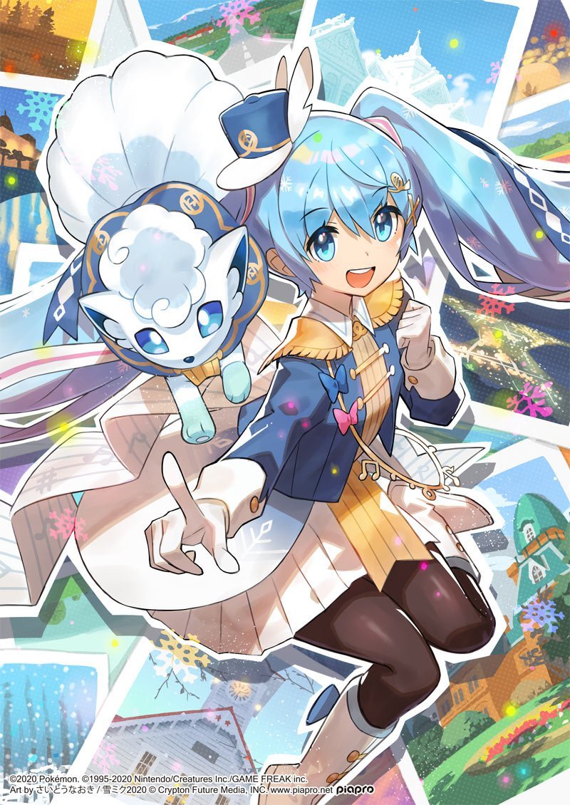 alolan vulpix ,hatsune miku ,rabbit yukine ,yuki miku 1girl gloves pantyhose boots blue jacket white gloves twintails  illustration images