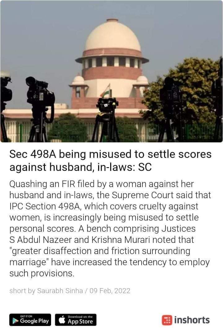 CSinghla's tweet photo. पति और ससुराल वालों से हिसाब बराबर करने के लिए धारा 498ए का दुरुपयोग किया जा रहा है: सुप्रीम कोर्ट
09 फरवरी, 2022
#TruthofFakeCases
#Misuseof498A
#TruthoflegalHarrashment
#TruthofLegalTerrorism
#TruthofLegalExtortion
#MisuseofWomenProtectionLaws https://t.co/QCEx7vusPU