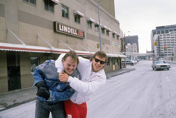 1988. Linemates Gerard Gallant and Steve Yzerman probably after a few wobbly pops at the legendary Lindell AC sports bar in Detroit.
