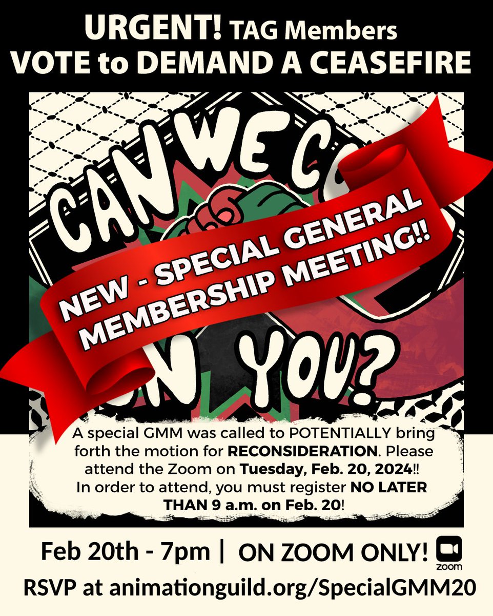 🚨ATTN: ALL TAG Members! Important meeting on Feb 20th! You must register NO LATER THAN 9AM FEB 20TH! animationguild.org/SpecialGMM20 🚨