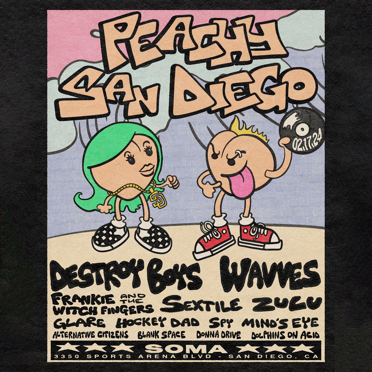 SAT 2/17 @SOMAsd – Peachy San Diego 2024 ft @DestroyBoysband, @WAVVES, Frankie & @TheWitchFingers, @Sextileband, @zululosangeles, @glaretx, @HockeyDadband, @SPY_worldwide, @mindseyesucks, Alternative Citizens, Blank Space, Donna Drive, Dolphins On Acid 🎟: ticketweb.com/event/peachy-s…