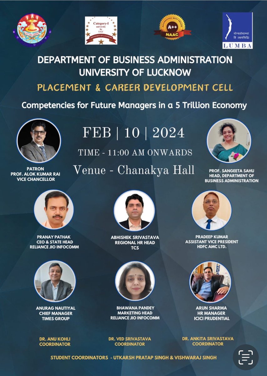 LUMBA_Lucknow's tweet image. "📢 Exciting news! Our Placement and Career Development Cell is hosting a Management Conclave today! Join us for insightful discussions and networking opportunities. Don't miss out! #ManagementConclave #CareerDevelopment #Networking"@sangeeta_hr