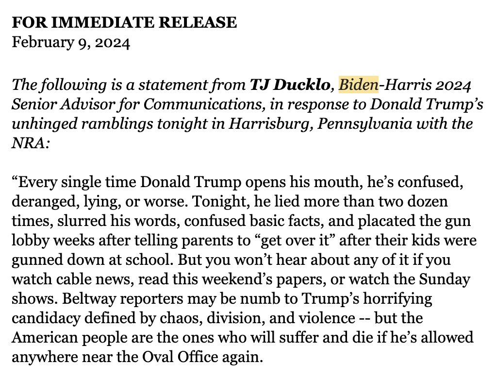 Statement title from @TDucklo: 'Are Y'all Actually Paying Attention? Like With Your Eyes and Ears???' First paragraph: 'Tonight, he lied more than two dozen times, slurred his words, confused basic facts, and placated the gun lobby...' Perfect. cc: the media