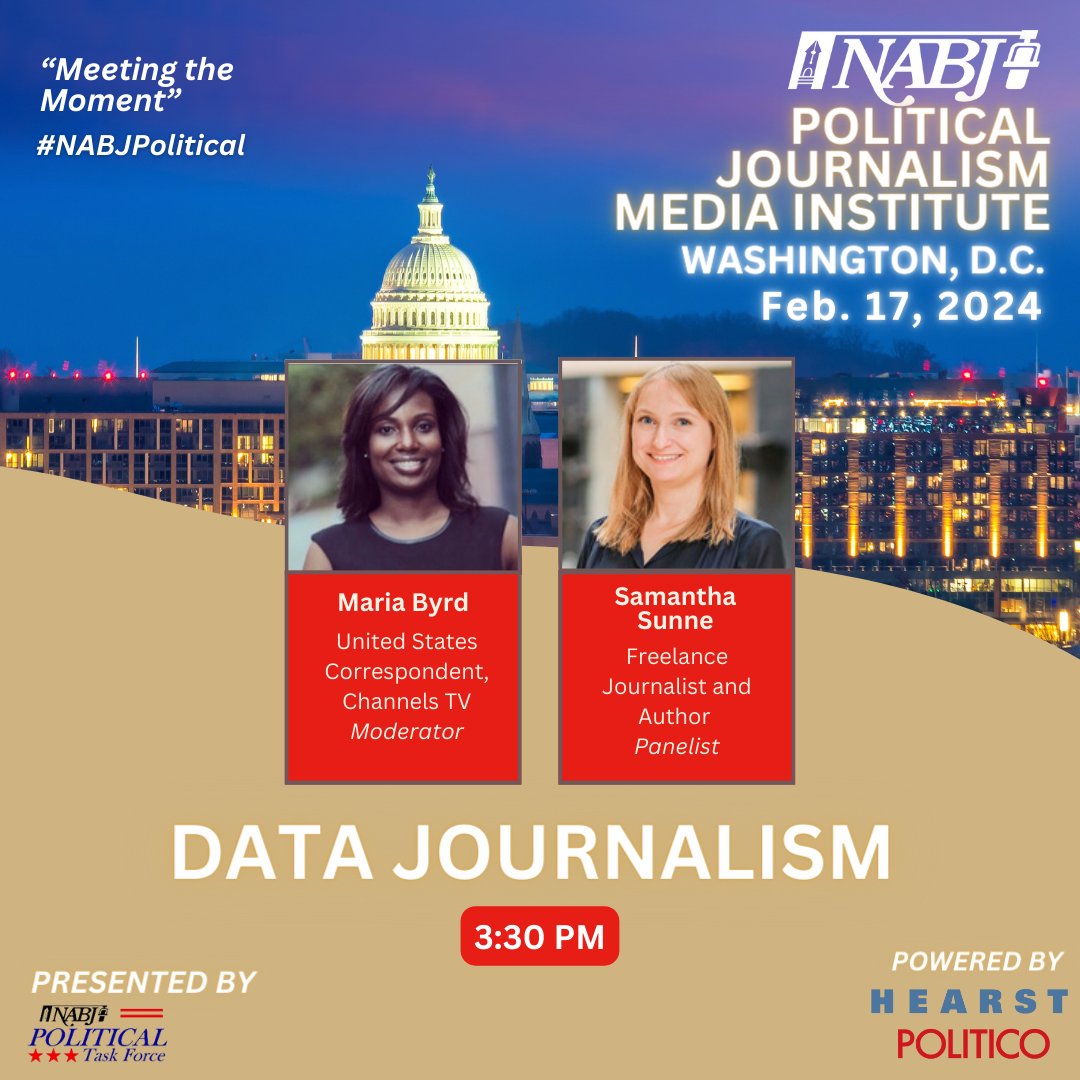 🔷#NABJPolitical: The impactful sessions continue with a dive into data journalism! Don’t miss “Data Journalism,” a hands-on session ft. @mariabyrdctv and @SamanthaSunne. Register today to discover online tools & tips to boost your data-driven stories! 🎟 bit.ly/NABJPolitical24