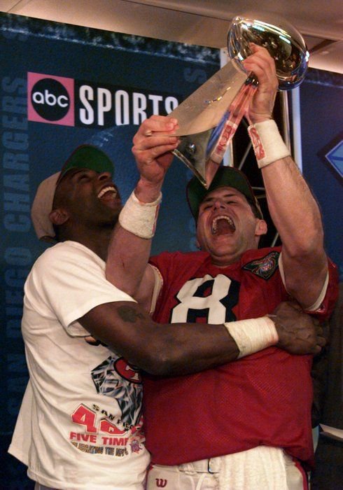 Random49ers's tweet photo. #SuperBowl XXIX memories: 
1/29/95 - #49ers defeat #Chargers 49-26 to capture fifth Super Bowl title.   

MVP: Steve Young   

Highlights: https://t.co/PIaWYiUrme 

#Random49ers #FTTB https://t.co/ZyqQuN4Wuc
