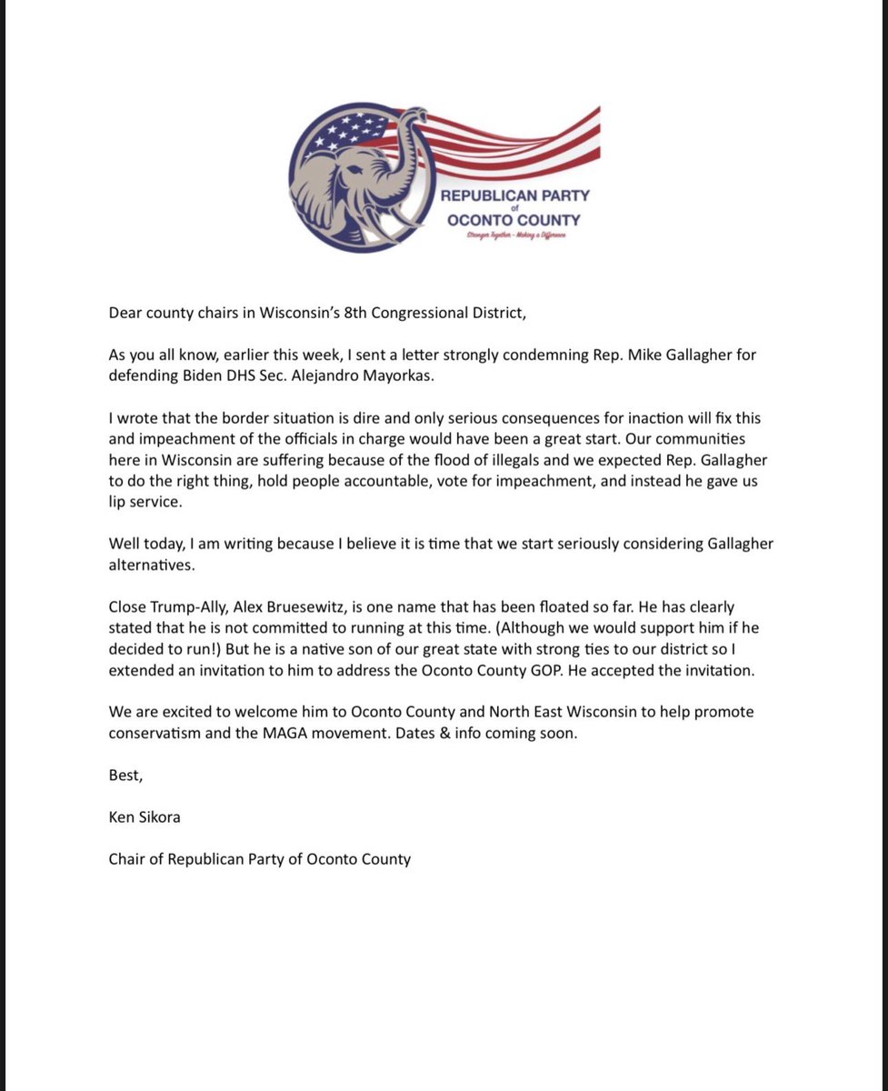 Trouble brewing for @RepGallagher after his vote to defend Mayorkas! The GOP Chair of Oconto County in Gallagher’s district just said they would be supportive of @alexbruesewitz primarying him!