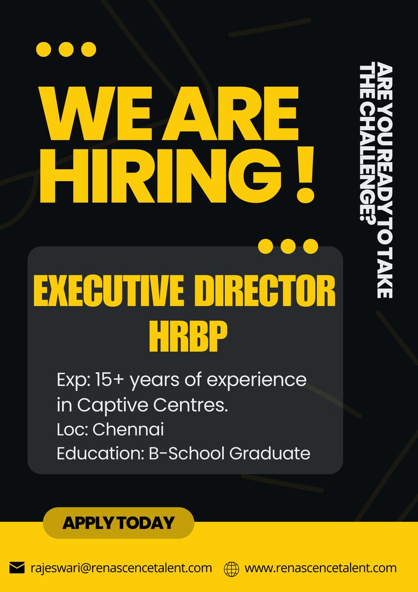 Contact Rajeswari Maitra or write to her at rajeswari@renascencetalent.com for more details.

#renascencetalent #hrbp #hrbpjobs #humanresources #hr #hrbusinesspartner