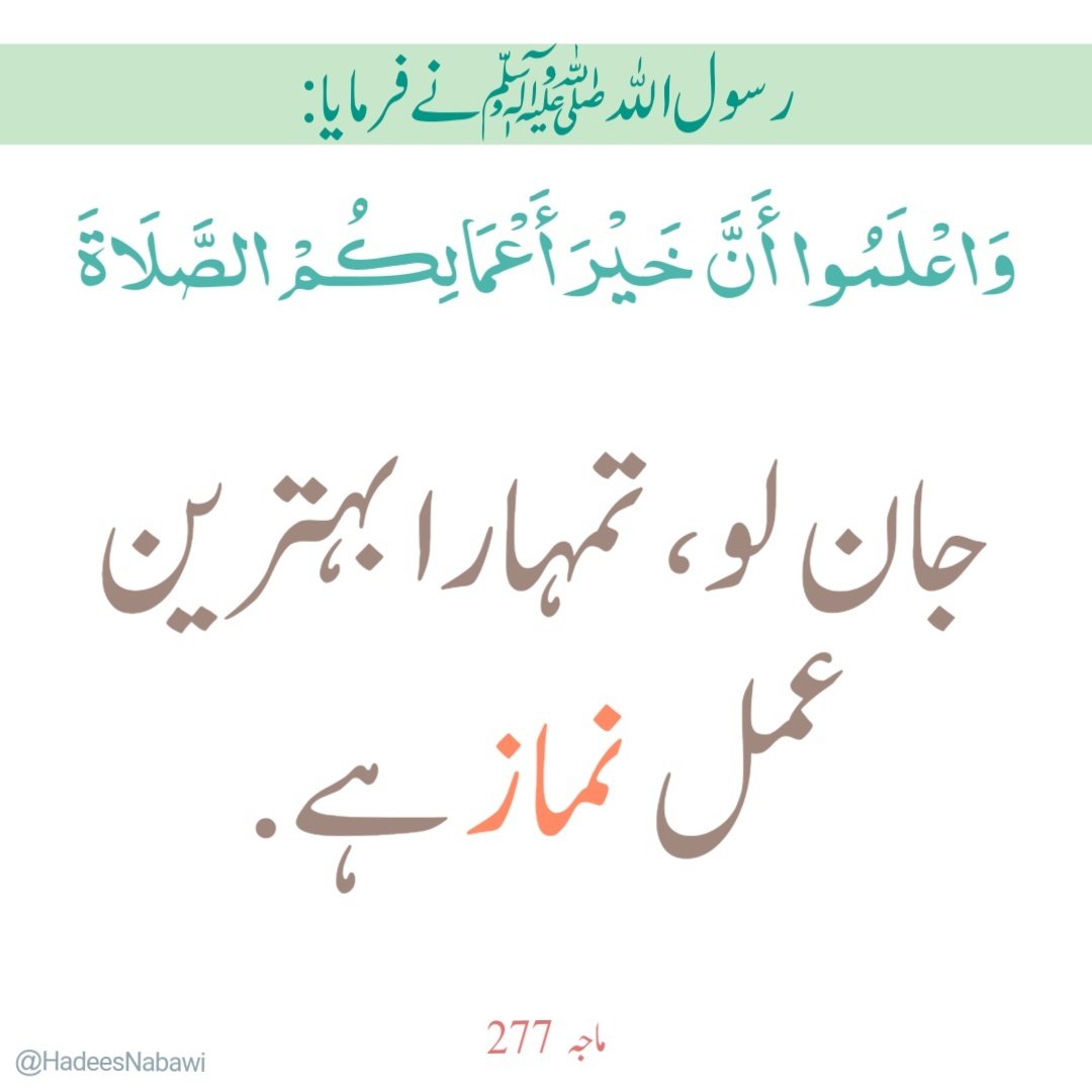 HadeesNabawi's tweet photo. رسول الله ﷺ نے فرمایا:

(1) سیدھی راہ پر قائم رہو، اور تم (کَما حَقَّہٗ) قائم نہیں رہ سکو گے. اور
(2) جان لو، تمہارا بہترین عمل نماز ہے. اور
(3) وضو کی حفاظت مؤمن ہی کرتا ہے.

ماجہ 277، 278
(سنن دارمی 681؛ موطا امام مالک 65؛ المستدرک للحاكم 447؛ مسند احمد 1051؛ مشکوٰۃ 292) https://t.co/srYFuSMjjA