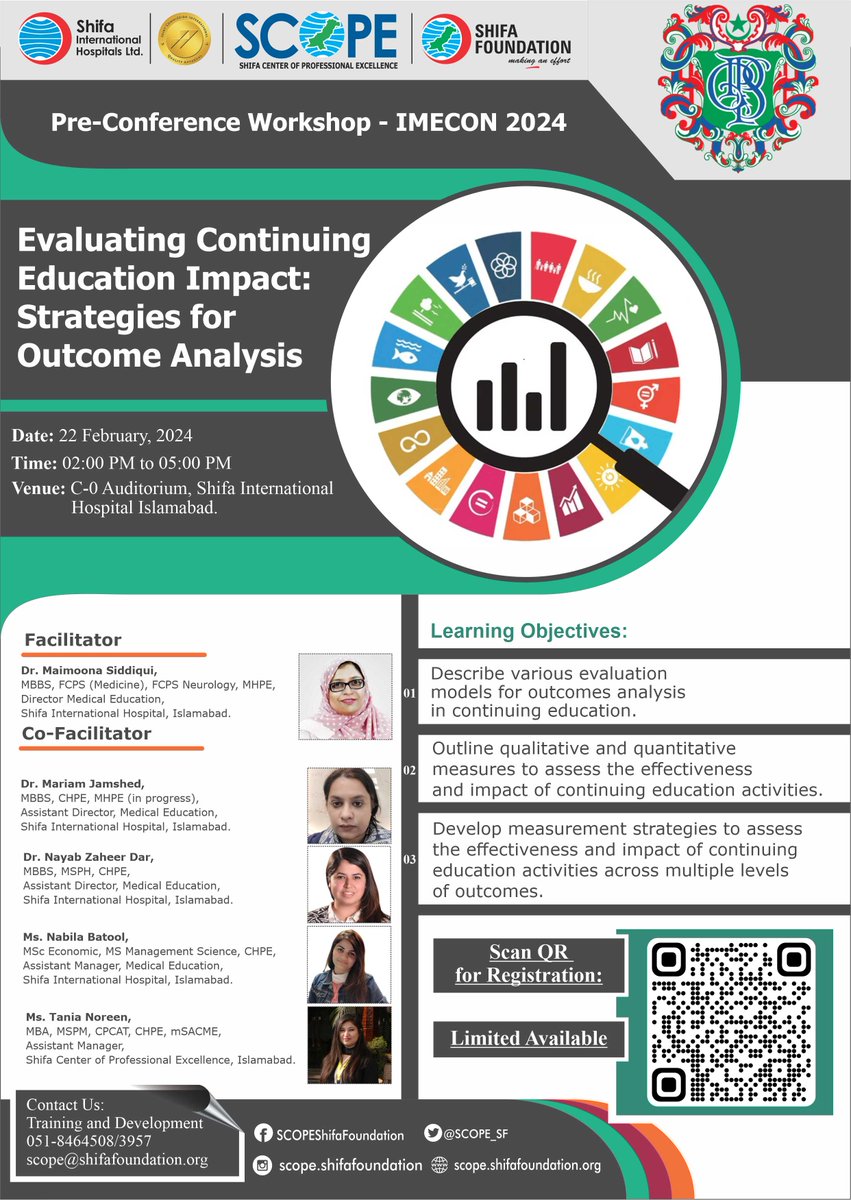 Learn with us "Evaluating Continuing Education Impact: Strategies for Outcome Analysis".

Limited Seats. Registration Link: app.smartsheet.com/b/form/b50e686…

#IMECON2024 #SCOPE #ShifaInternationalHospital #CE
