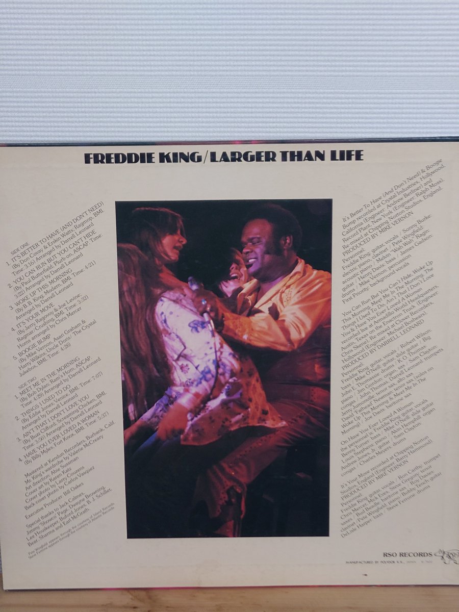 「Larger Than Life」

Freddie king

中太で甘いBBの音に比べ
粘りの利いた中域のToneで
Rhythmを強調するPhraseが
Freddieだろうか、楽曲も
所謂BBの伝統的なBluesではなく、
BrassSectionでFunky要素を
取り入れた曲が多く、後の
BritishBluesに大きな影響を与えた。