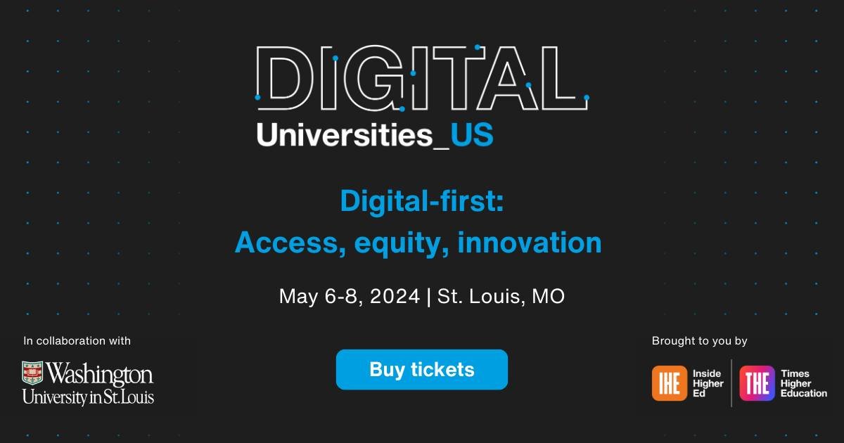 insidehighered's tweet photo. Join us from May 6-8, 2024, at @WUSTL in St. Louis, MO, for a special three-day event, where leading voices on the digital transformation of #HigherEducation will come together to discuss how universities are collaborating with industry, leveraging new opportunities and mitigating the common challenges associated with a digital-first approach.

📃 View the agenda: https://t.co/Dkg2kpjeSI

🗣️ New speakers added! We're pleased to welcome Brian Beatty from @SFSU, Michelle Guittar from @NU_LIBRARY, @jasonjohnston from @UTKnoxville, @AndreaKrussel from @WUSTL, @leoslo from @UNM, Michael Reese from @JHU_CTEI and Lewis Tuthill from @timeshighered. Take look at their bios here: https://t.co/PpNMfqKhav

🎟️ Get your tickets today. Enjoy the lowest ticket price now through February 23, 2024. https://t.co/9WFFMg20YZ

Brought to you by @THEworldsummits and @insidehighered #THEdigitalUS