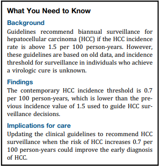 Nice study in @AGA_CGH: HCC screening in patients with cured HCV is cost-effective for those with HCC risk > 0.7% per year. pubmed.ncbi.nlm.nih.gov/37302445/ What does this mean? ➡️Even some non-cirrhosis patients have HCC risk>0.7% and might benefit from screening hccrisk.com…