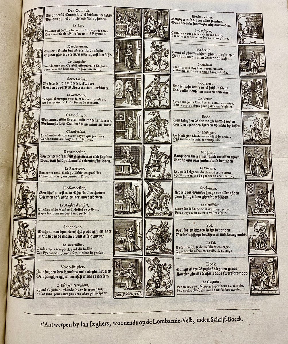 Wil deze intrigerende school-prent (?) verbeelden dat alle beroepen in de 17e eeuw zowel door mannen als vrouwen konden worden uitgeoefend? 💃🕺
Houtsnede van graveur/uitgever Jan Jegers te Antwerpen ca. 1650 ✍️
Wie kan hier meer over vertellen?
<a href="/plantinmoretus/">Museum Plantin-Moretus</a> <a href="/RareBookLibAntw/">Steven Van Impe 📚 PhD</a>