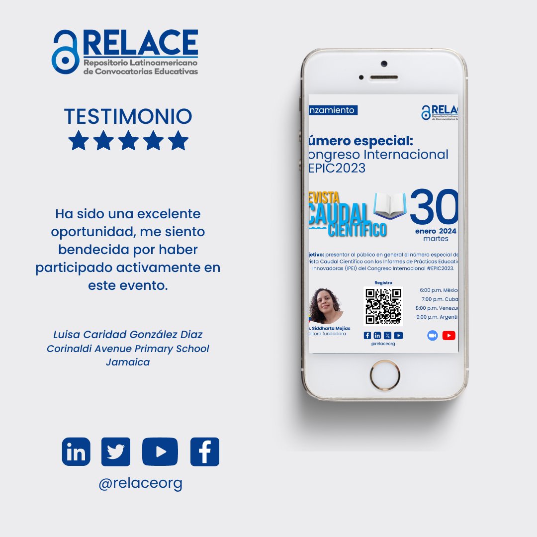 relaceorg's tweet image. Saludos familia RELACE
Un agradecimiento especial a Luisa González Diaz (Jamaica) por compartir su testimonio de #EPIC2023
¡Aquí tienes el enlace para acceder a la grabación!
📌lnkd.in/edAhw-ip
#EducacionInnovadora#TestimonioImpactante #ReviveLaExperiencia  #SoyRELACE