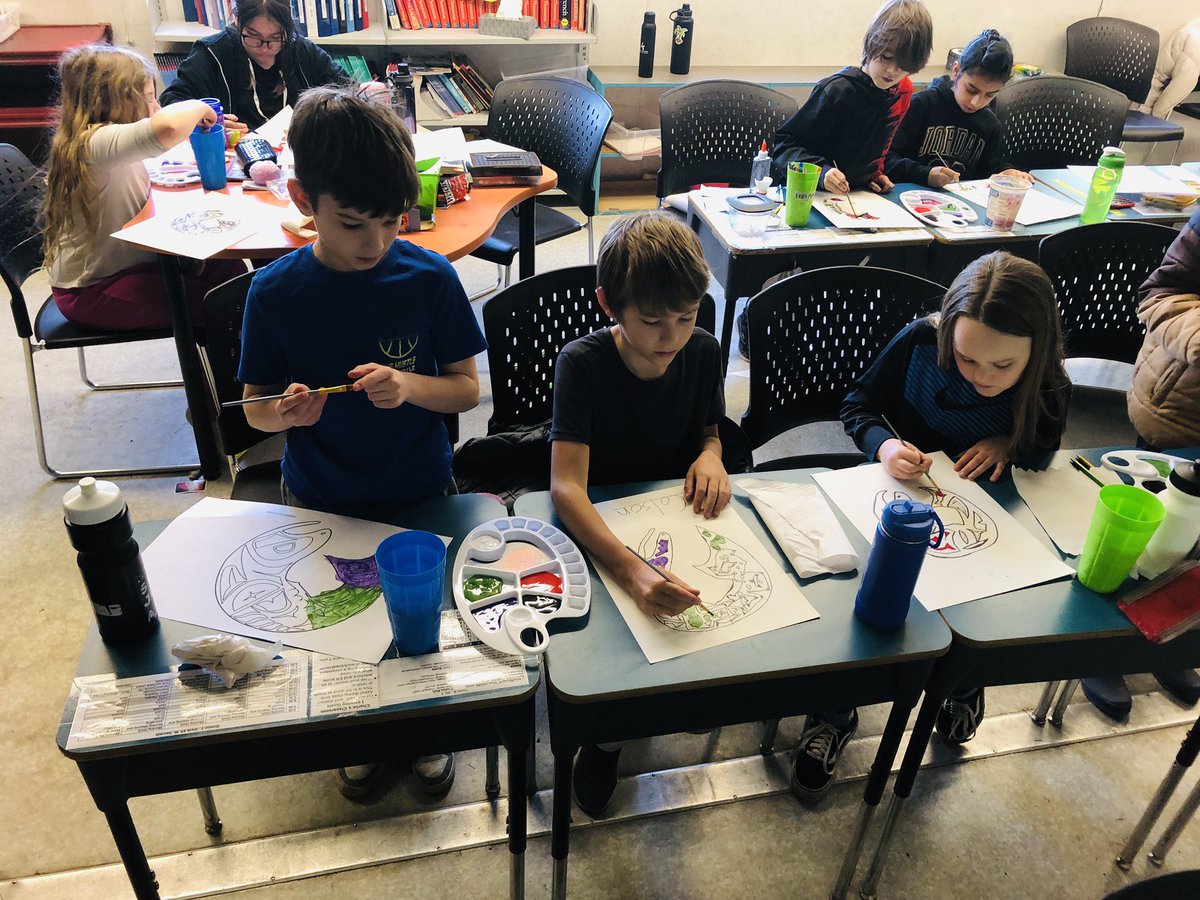 My class really enjoyed painting their Coast Salish inspired salmon they drew on Monday. #abbyschools