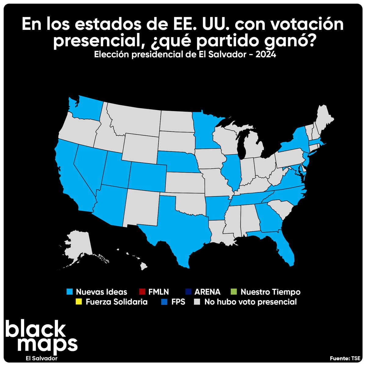 En los estados de EE.UU. con votación presencial, ¿qué partido resultó ganador en la elección presidencial de El Salvador?  👇🏻🗺️